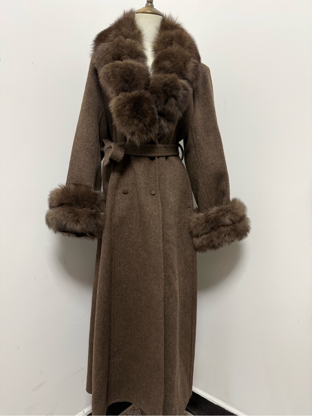 Brown Wool Maxi Coat with Plush Fur Trim